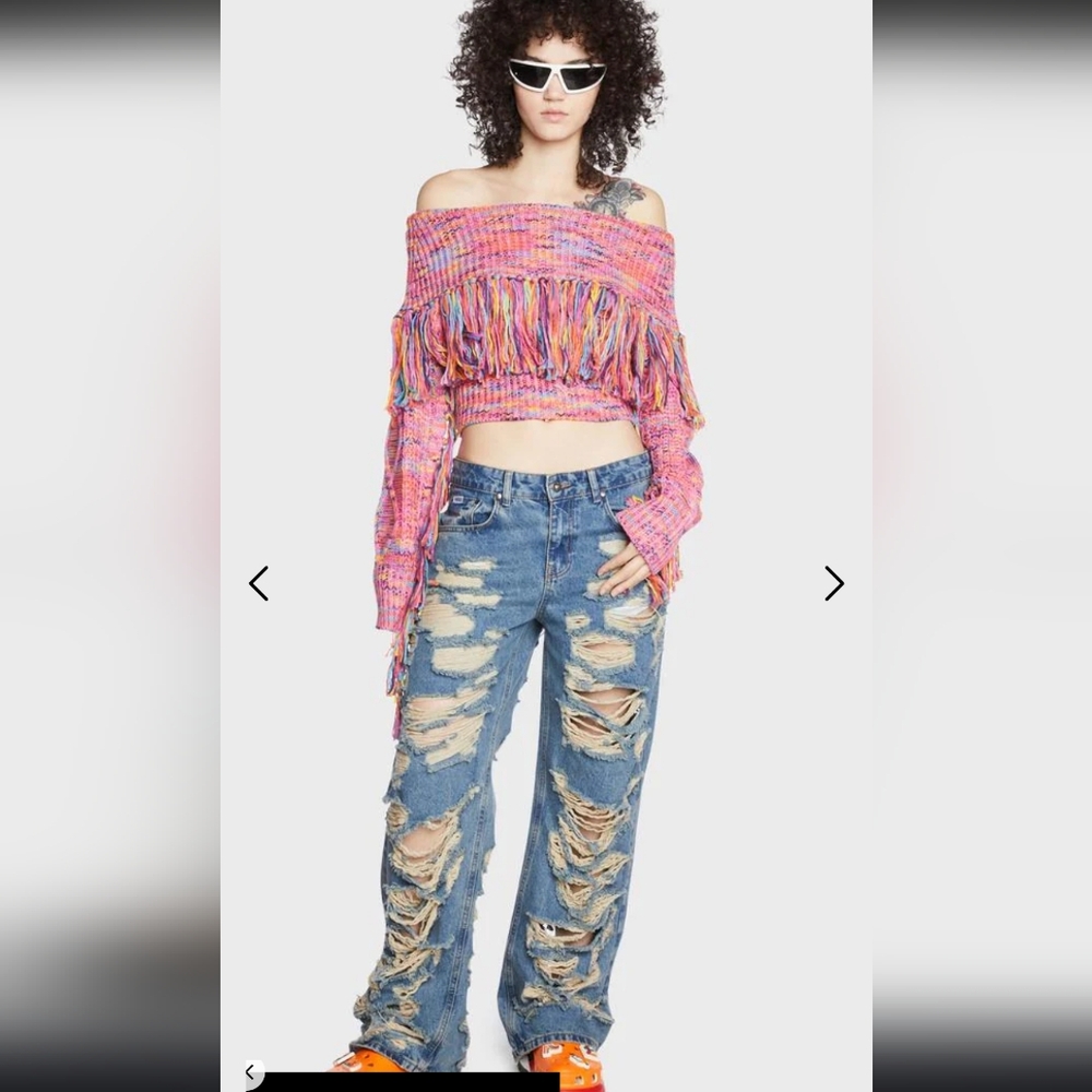 Hot & Delicious Cropped Fringe Knit Sweater Off Shoulder Y2K